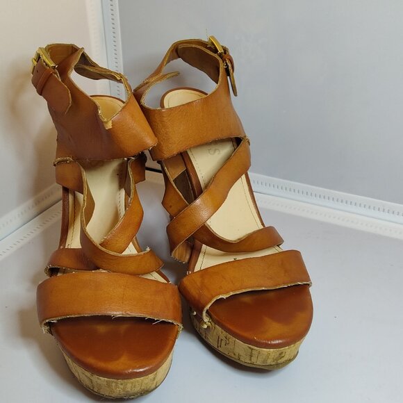 Guess Womens Brown Strap Leather Cork Wedge Sandals Size 6.5 - Picture 5 of 6